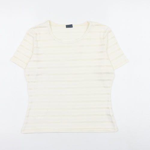 Debenhams Womens White Striped Nylon Basic T-Shirt Size 10 Round Neck