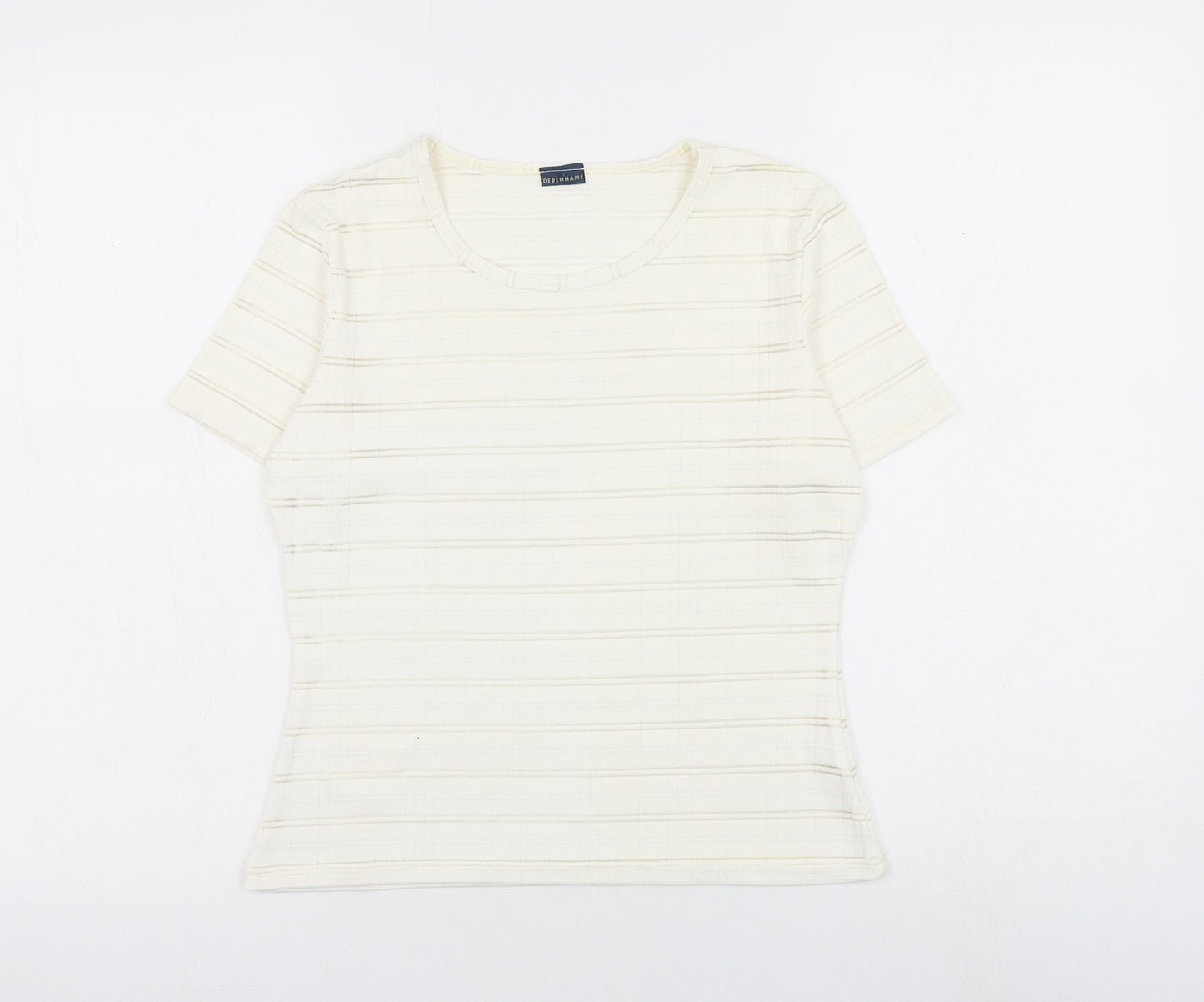 Debenhams Womens White Striped Nylon Basic T-Shirt Size 10 Round Neck