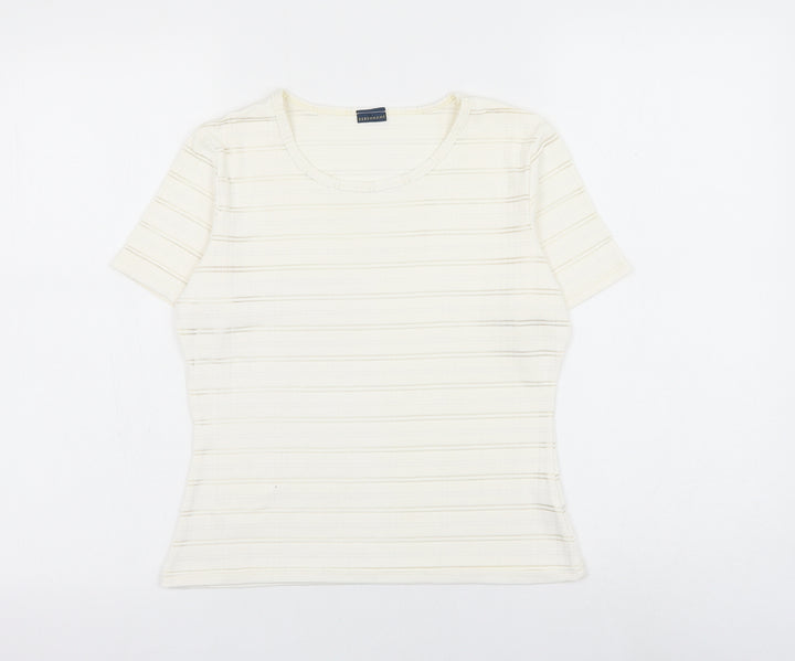 Debenhams Womens White Striped Nylon Basic T-Shirt Size 10 Round Neck