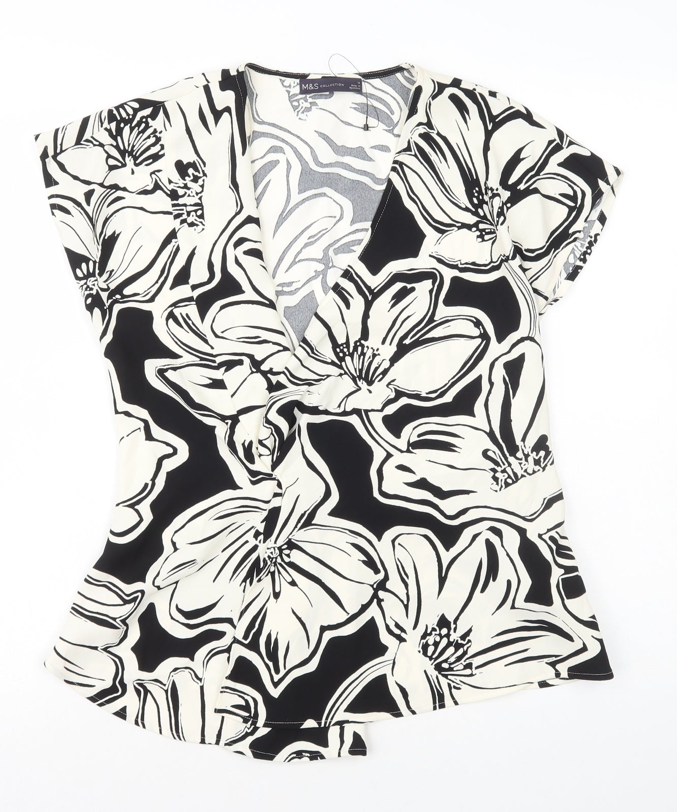 Marks and Spencer Womens Black Floral Polyester Basic Blouse Size 12 V-Neck