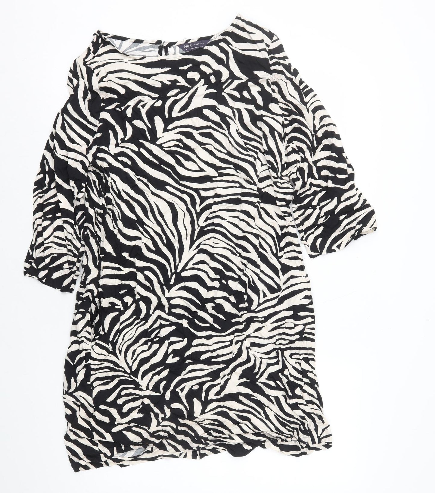 Marks and Spencerblack Womens Black Animal Print Viscose Shift Size 14 Scoop Neck Pullover