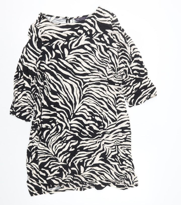 Marks and Spencerblack Womens Black Animal Print Viscose Shift Size 14 Scoop Neck Pullover