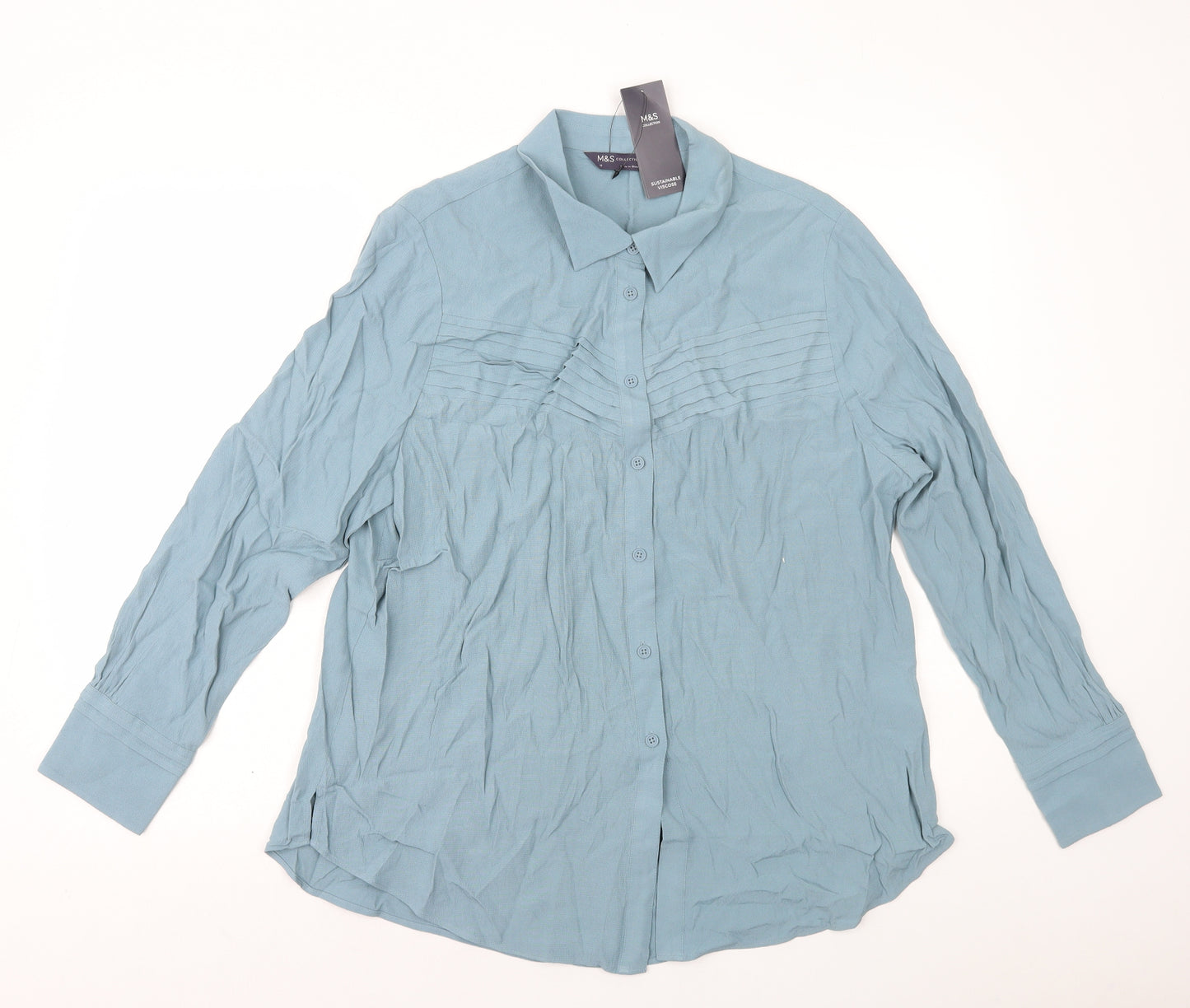 Marks and Spencer Womens Blue Viscose Basic Button-Up Size 18 Collared