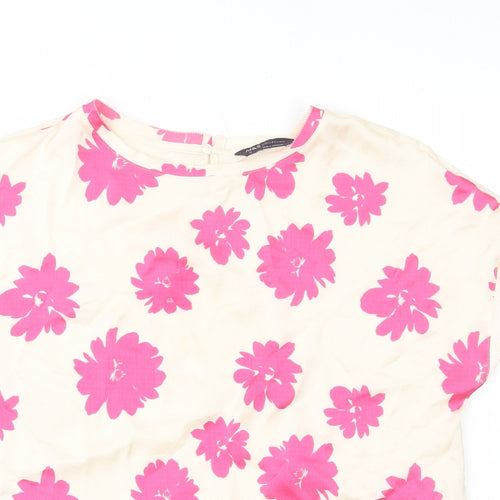 Marks and Spencer Womens Pink Floral Polyester Basic T-Shirt Size 10 Round Neck
