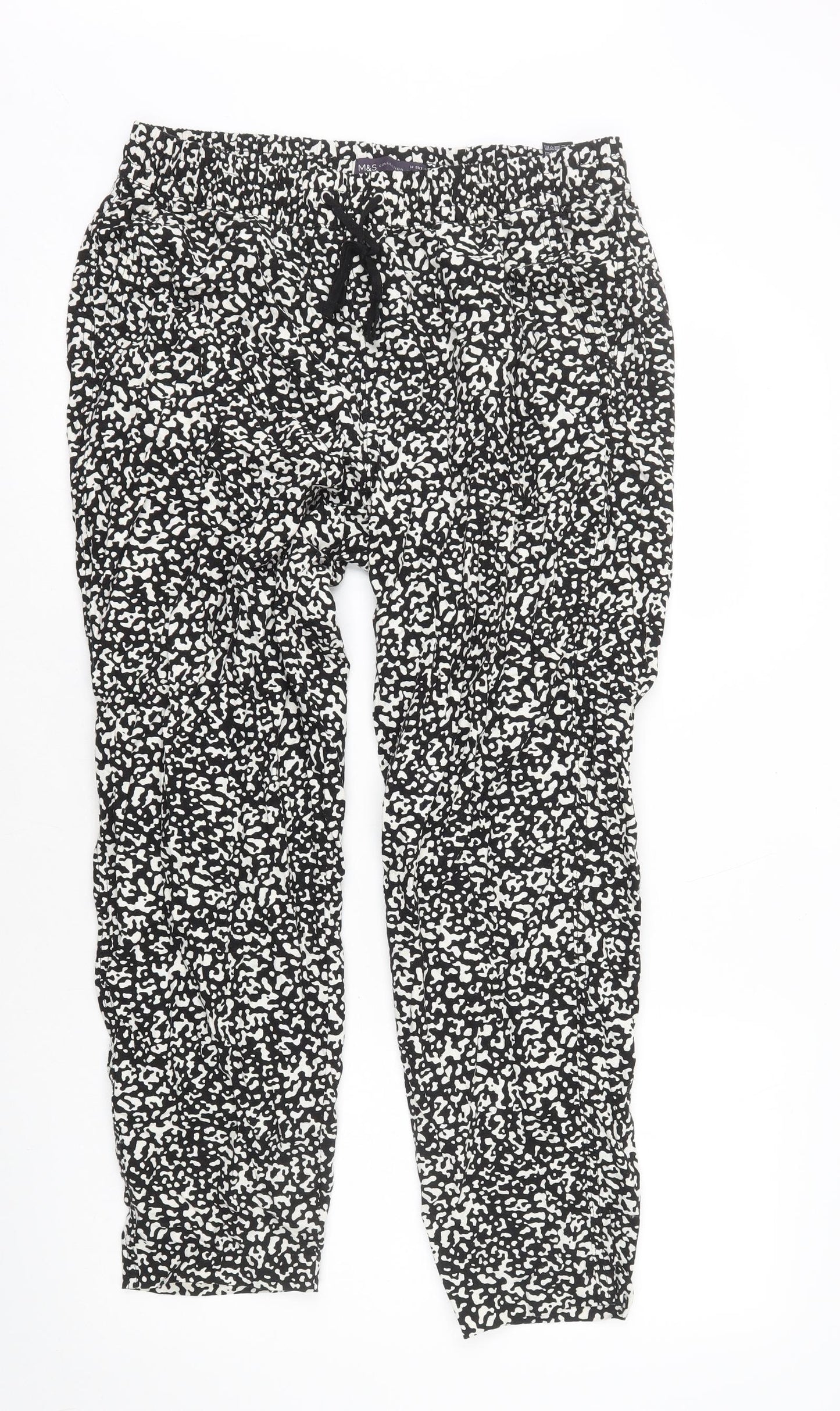 Marks and Spencer Womens Black Geometric Linen Trousers Size 14 L26 in Regular Drawstring