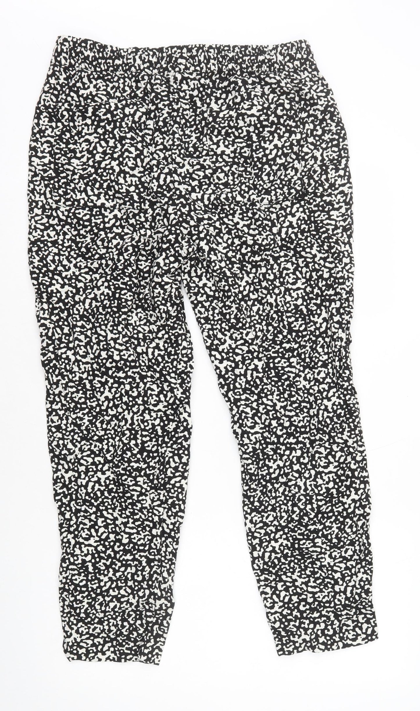 Marks and Spencer Womens Black Geometric Linen Trousers Size 14 L26 in Regular Drawstring