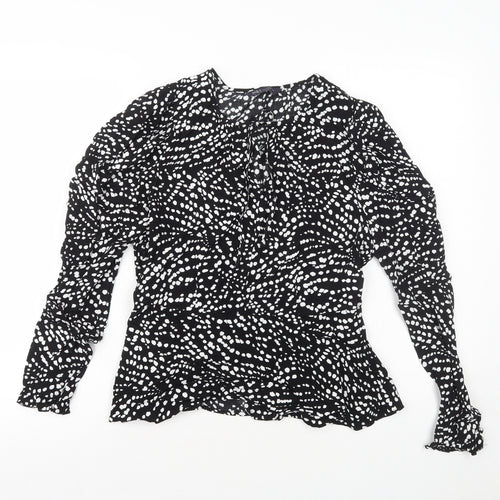 Marks and Spencer Womens Black Geometric Viscose Basic Blouse Size 10 Round Neck - Peplum