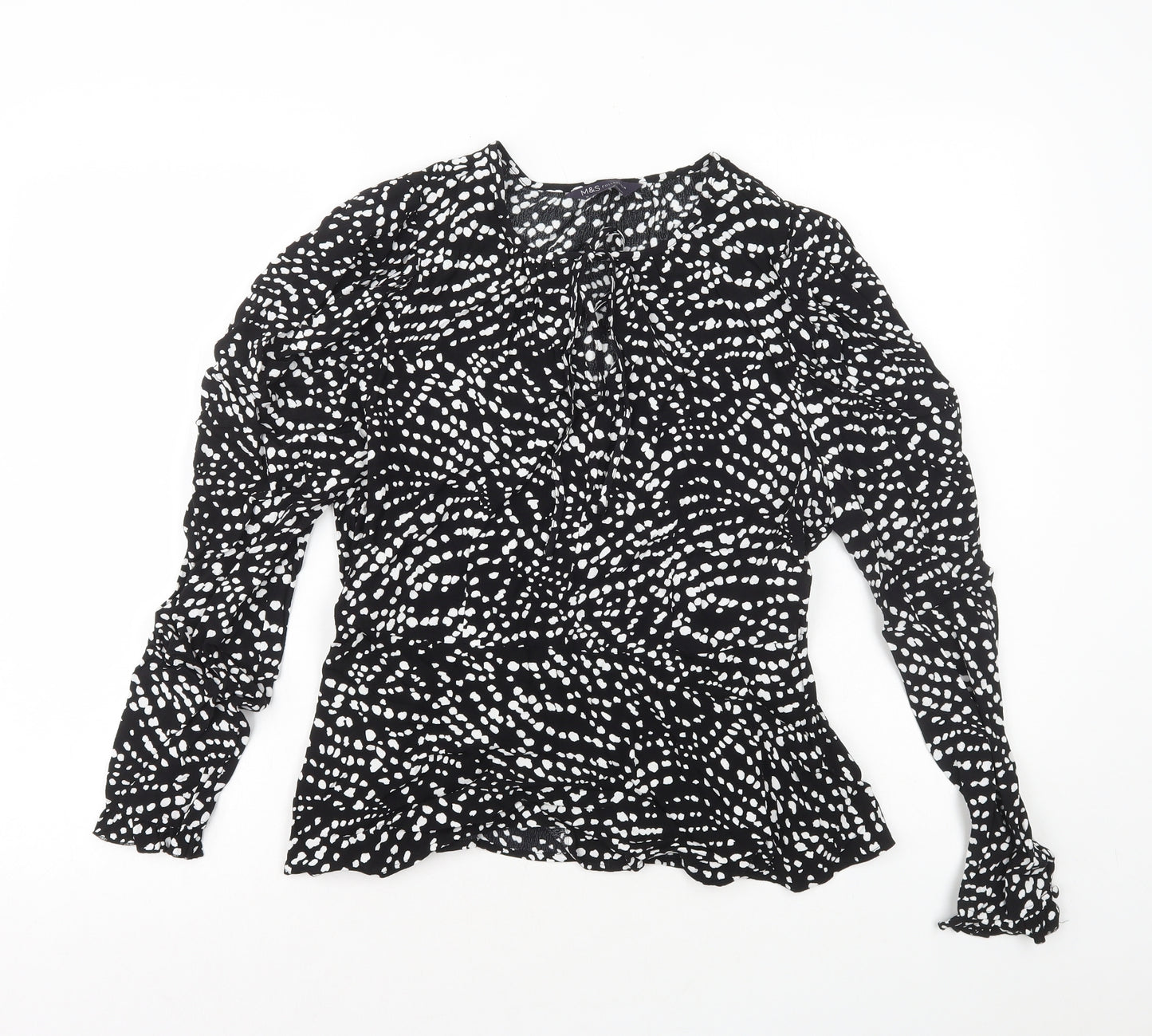 Marks and Spencer Womens Black Geometric Viscose Basic Blouse Size 10 Round Neck - Peplum