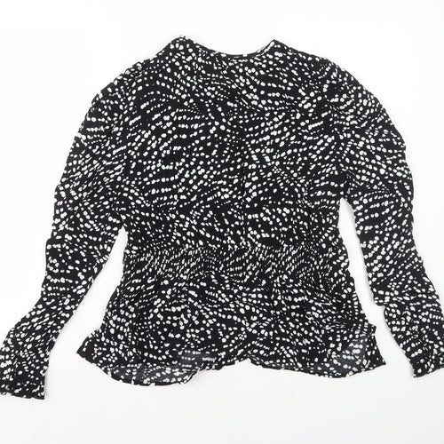 Marks and Spencer Womens Black Geometric Viscose Basic Blouse Size 10 Round Neck - Peplum