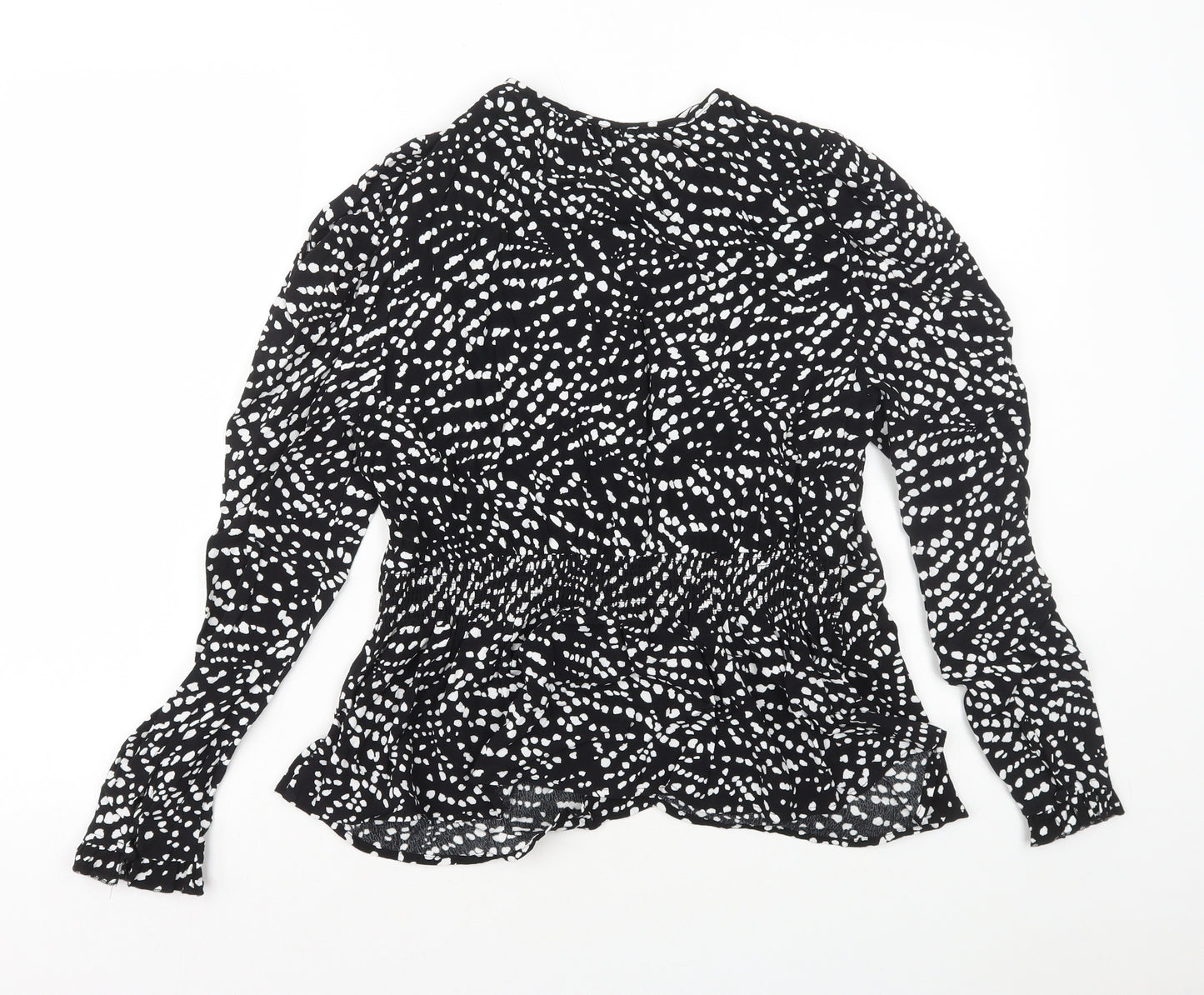 Marks and Spencer Womens Black Geometric Viscose Basic Blouse Size 10 Round Neck - Peplum