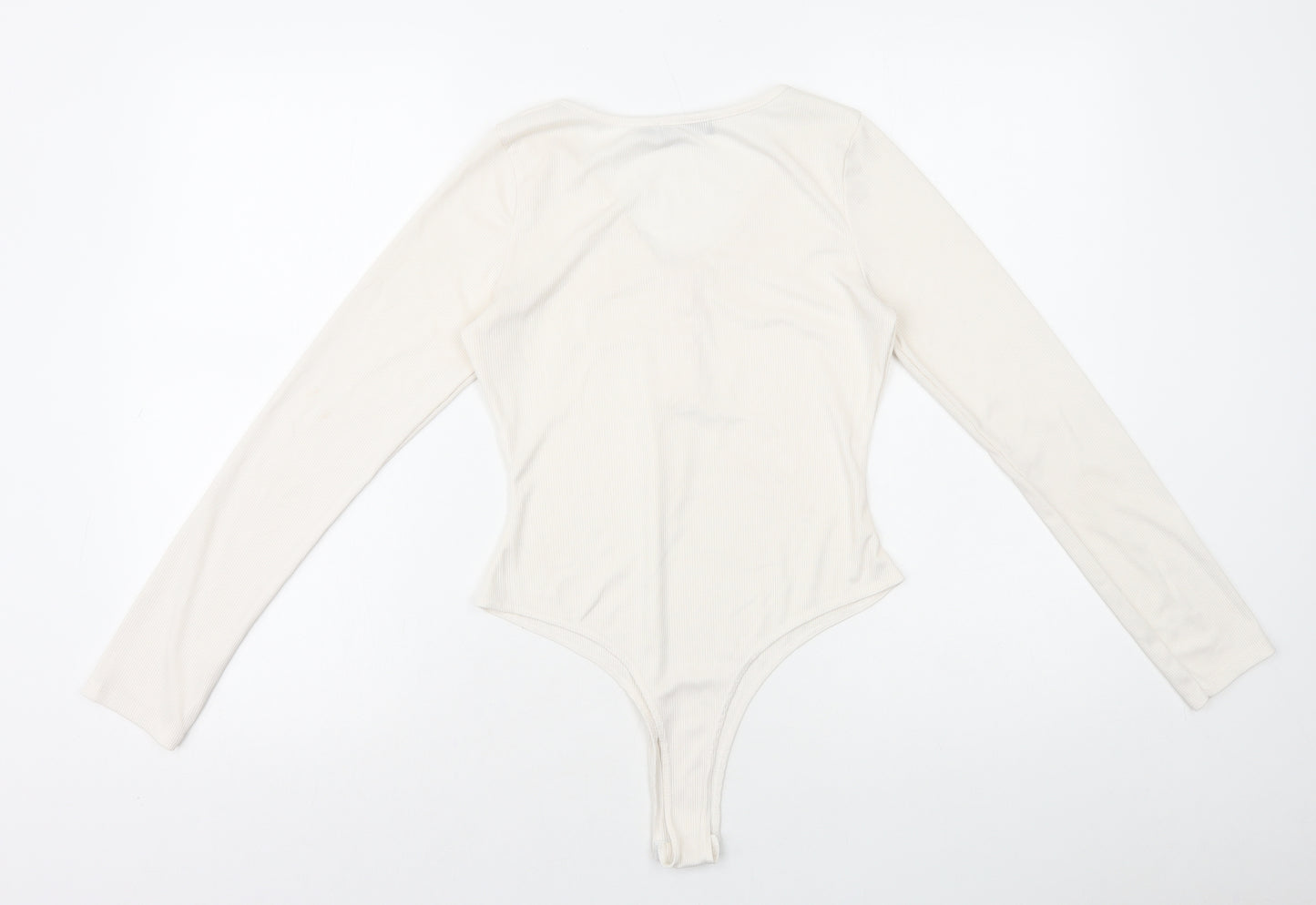 PRETTYLITTLETHING Womens Ivory Polyester Bodysuit One-Piece Size 10 Snap - Ribbed