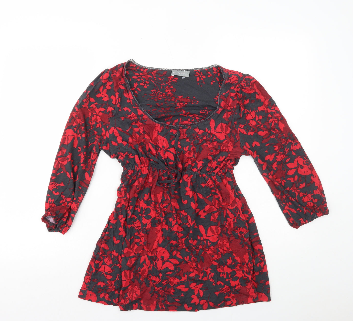 Per Una Womens Red Geometric Viscose Basic T-Shirt Size 12 Scoop Neck - Drawstring