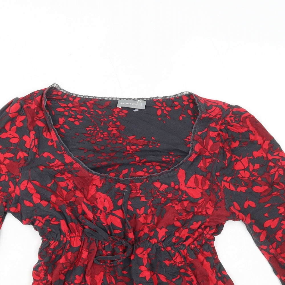 Per Una Womens Red Geometric Viscose Basic T-Shirt Size 12 Scoop Neck - Drawstring