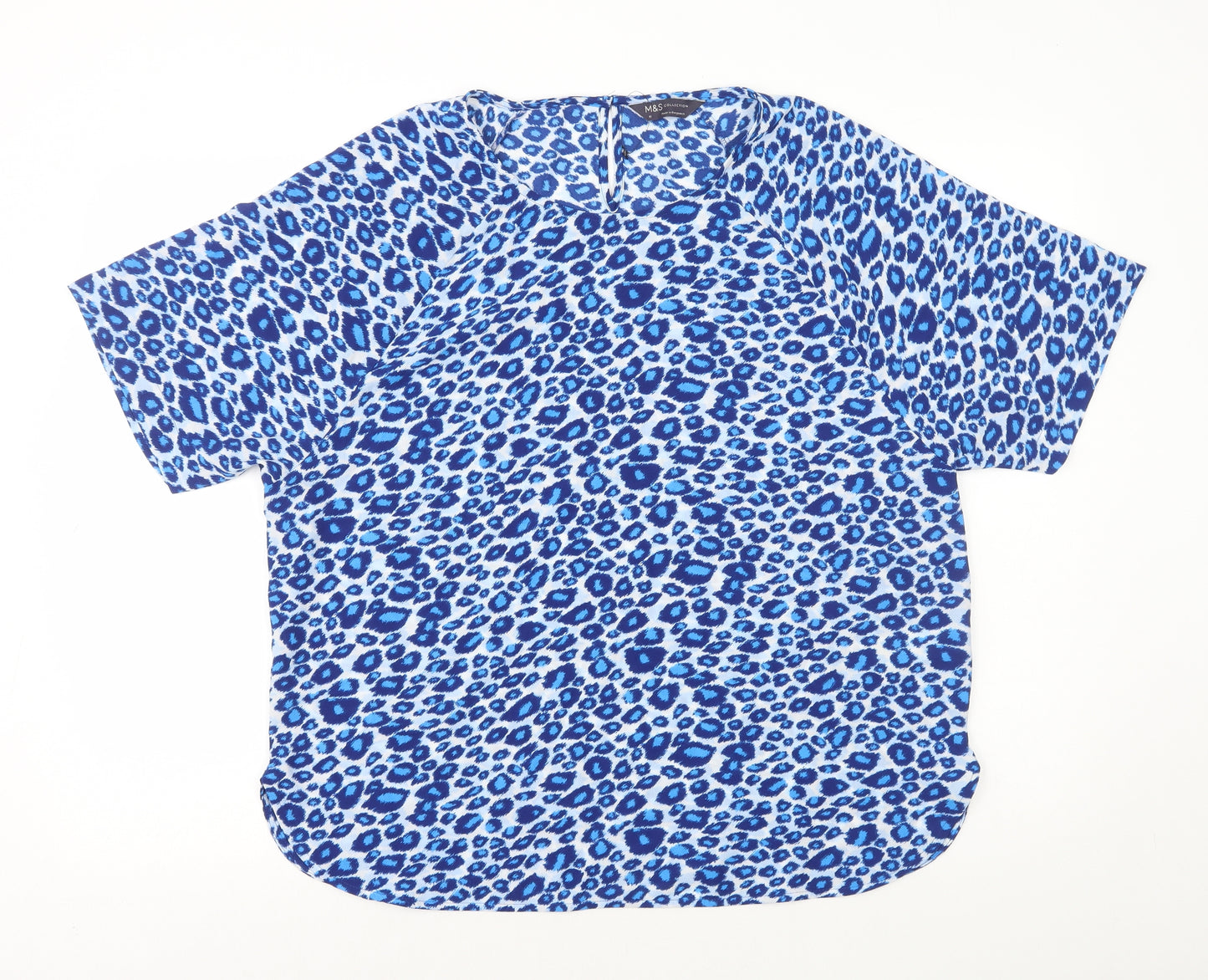 Marks and Spencer Womens Blue Animal Print Polyester Basic T-Shirt Size 16 Round Neck - Leopard Print
