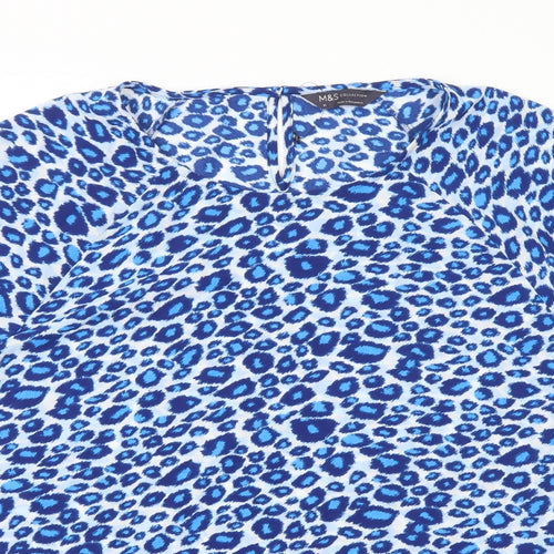 Marks and Spencer Womens Blue Animal Print Polyester Basic T-Shirt Size 16 Round Neck - Leopard Print