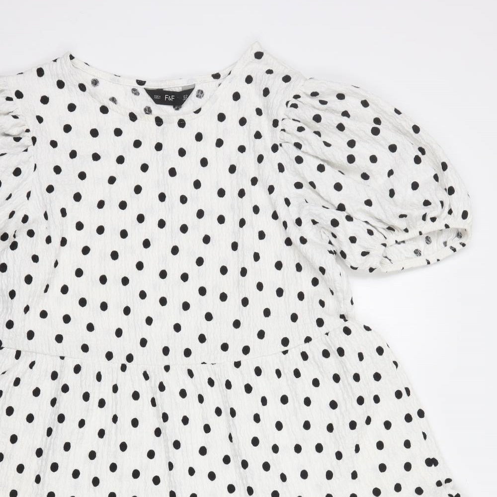F&F Womens White Polka Dot Polyester Skater Dress Size 12 Round Neck Pullover