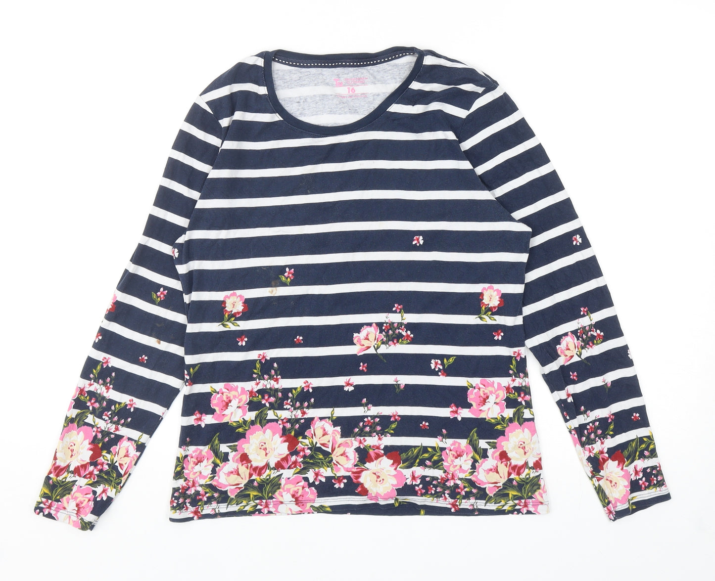 TU Womens Blue Striped Cotton Basic T-Shirt Size 16 Round Neck - Flowers