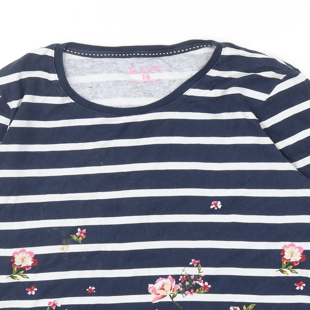 TU Womens Blue Striped Cotton Basic T-Shirt Size 16 Round Neck - Flowers