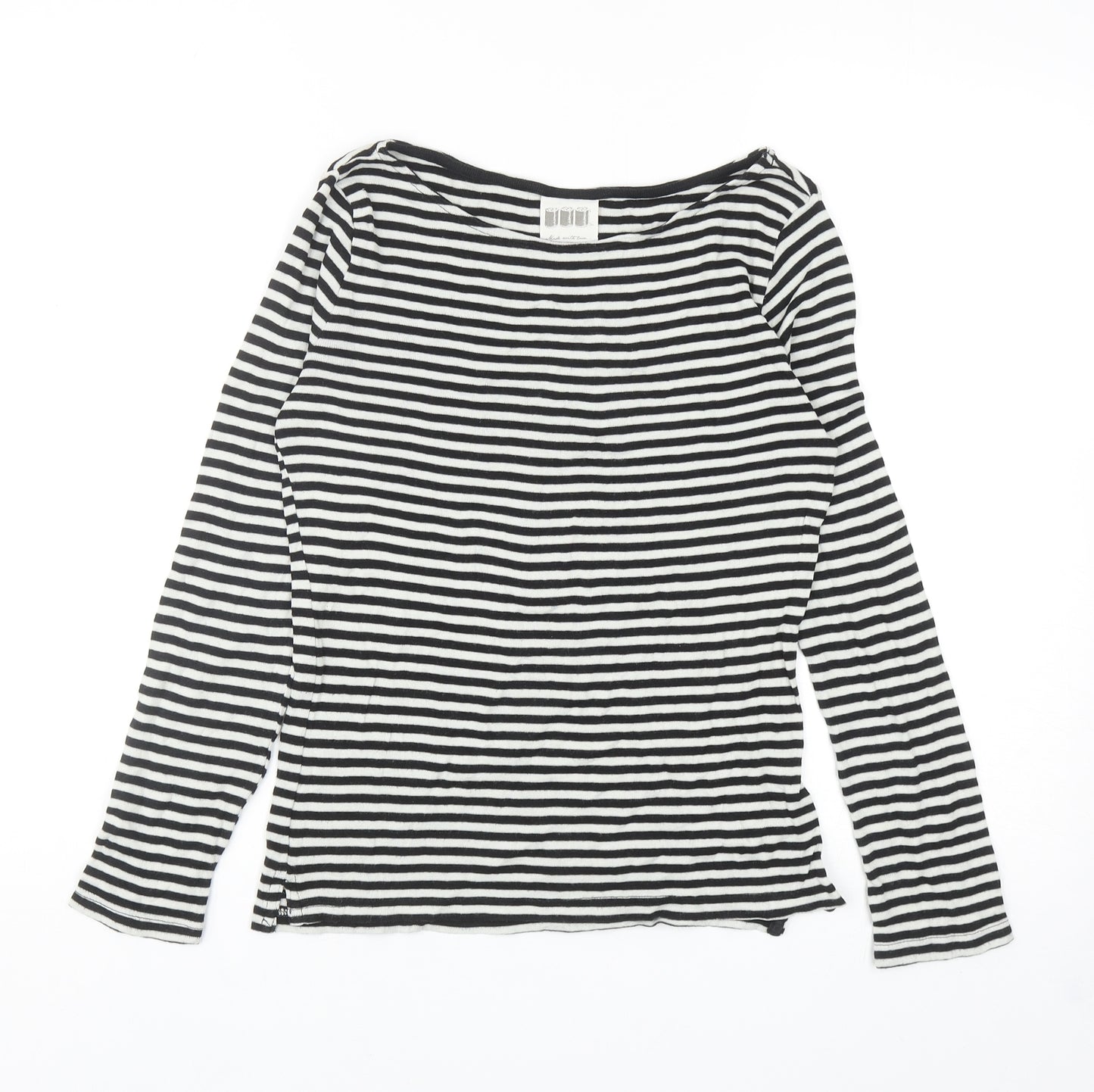 NEXT Womens Black Striped Polyester Basic T-Shirt Size 10 Boat Neck