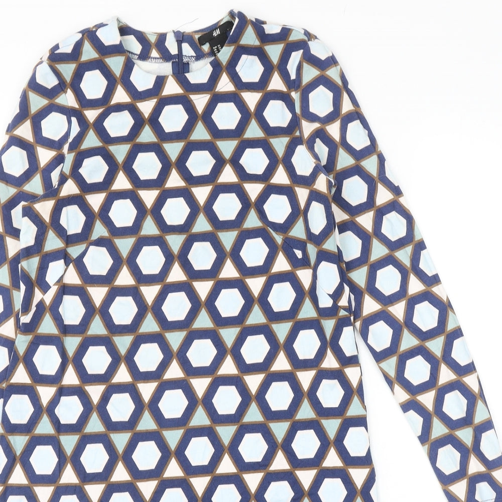 H&M Womens Multicoloured Geometric Cotton Mini Size XS Round Neck Zip