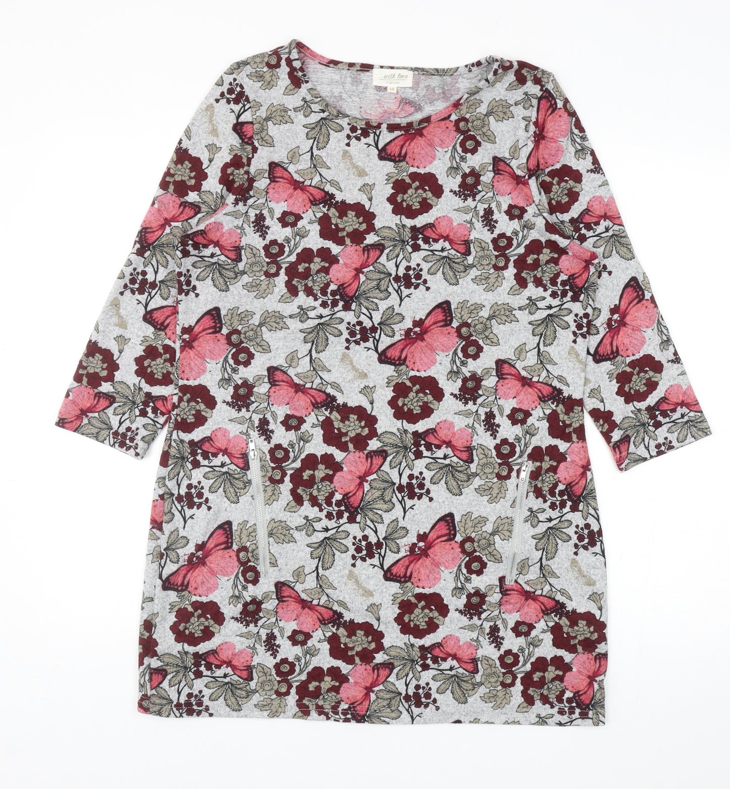 With Love Womens Multicoloured Boat Neck Floral Polyester Tunic Jumper Size 14 - Butterflies