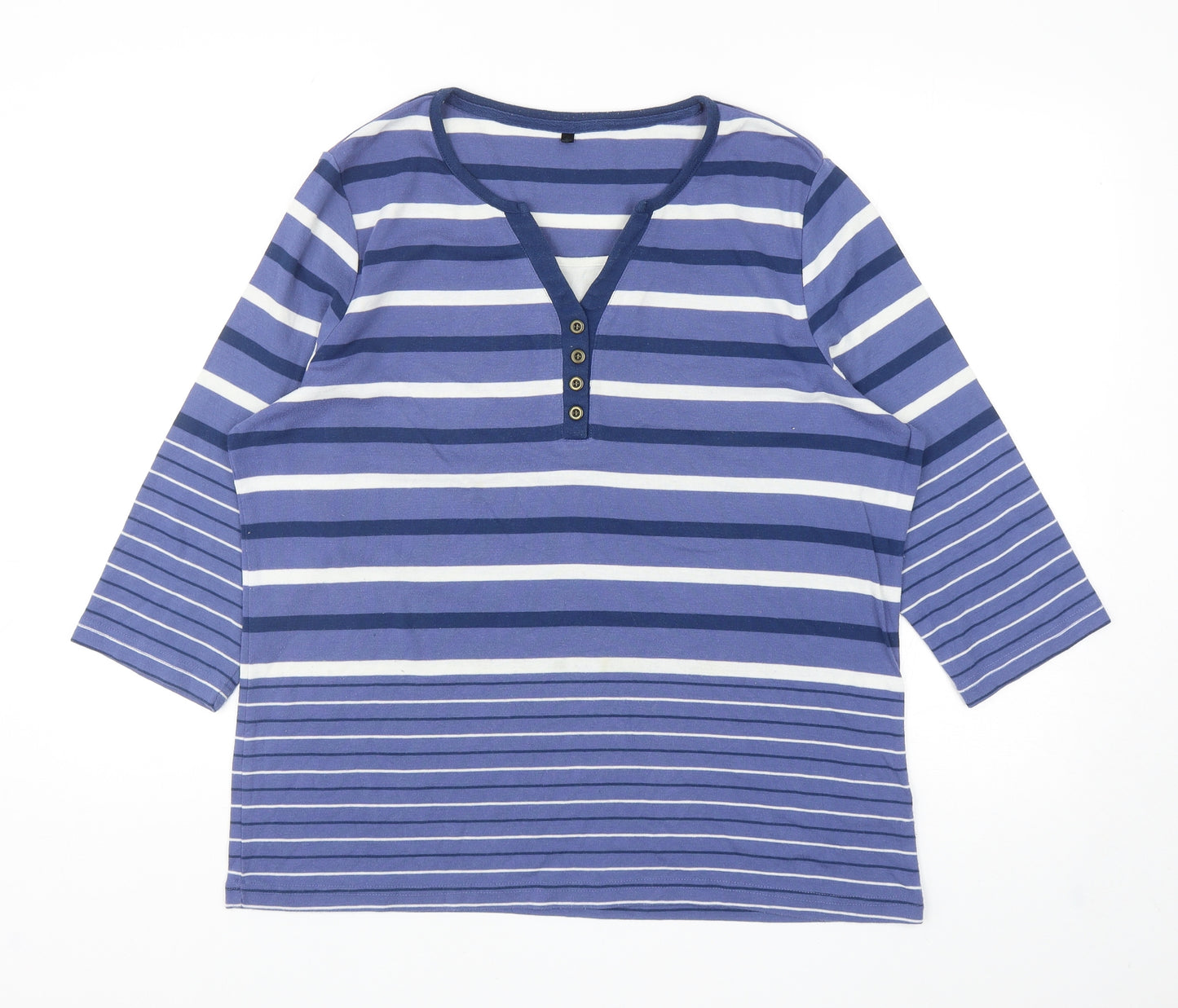 Preworn Womens Blue Striped Cotton Basic T-Shirt Size L V-Neck