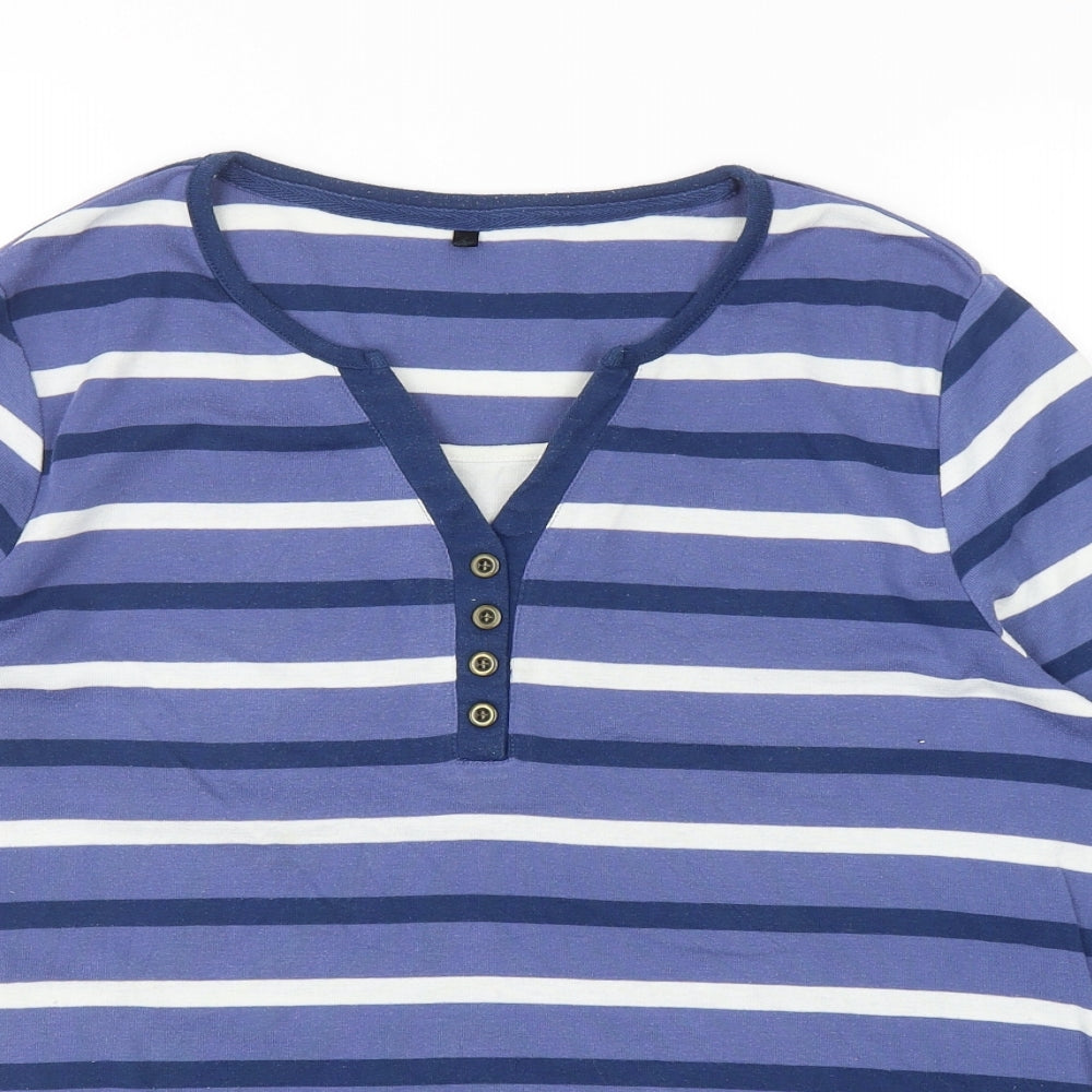 Preworn Womens Blue Striped Cotton Basic T-Shirt Size L V-Neck