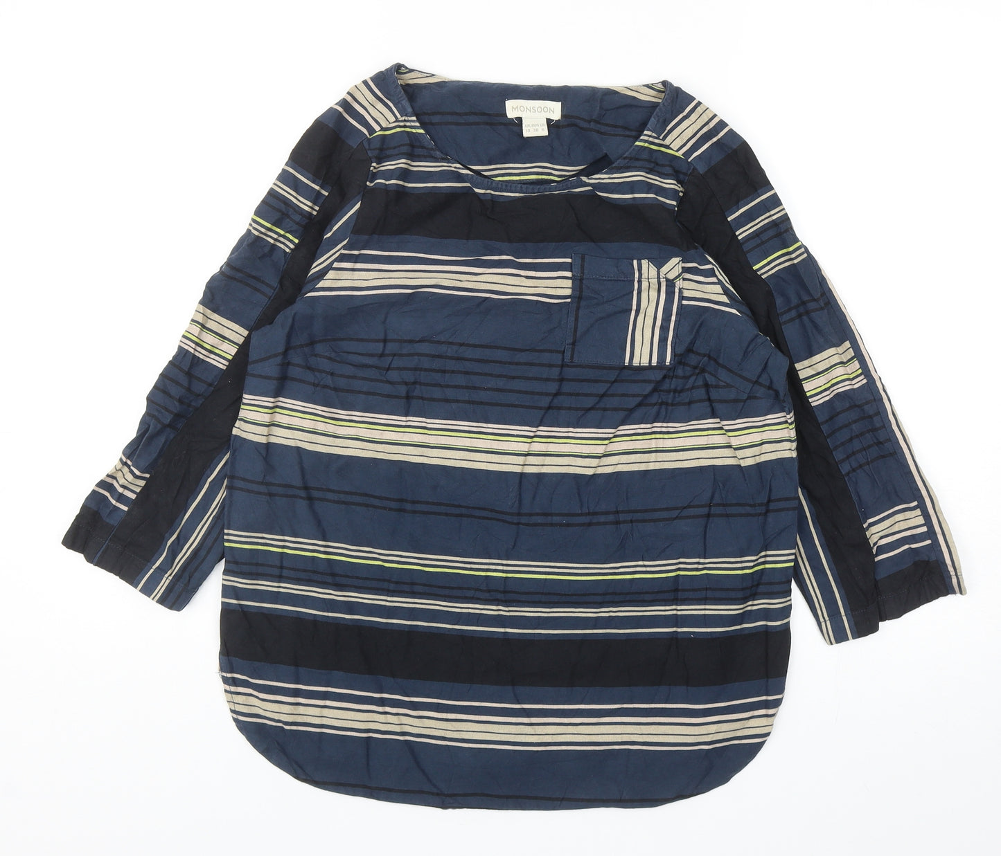 Monsoon Womens Multicoloured Striped Cotton Basic Blouse Size 10 Boat Neck