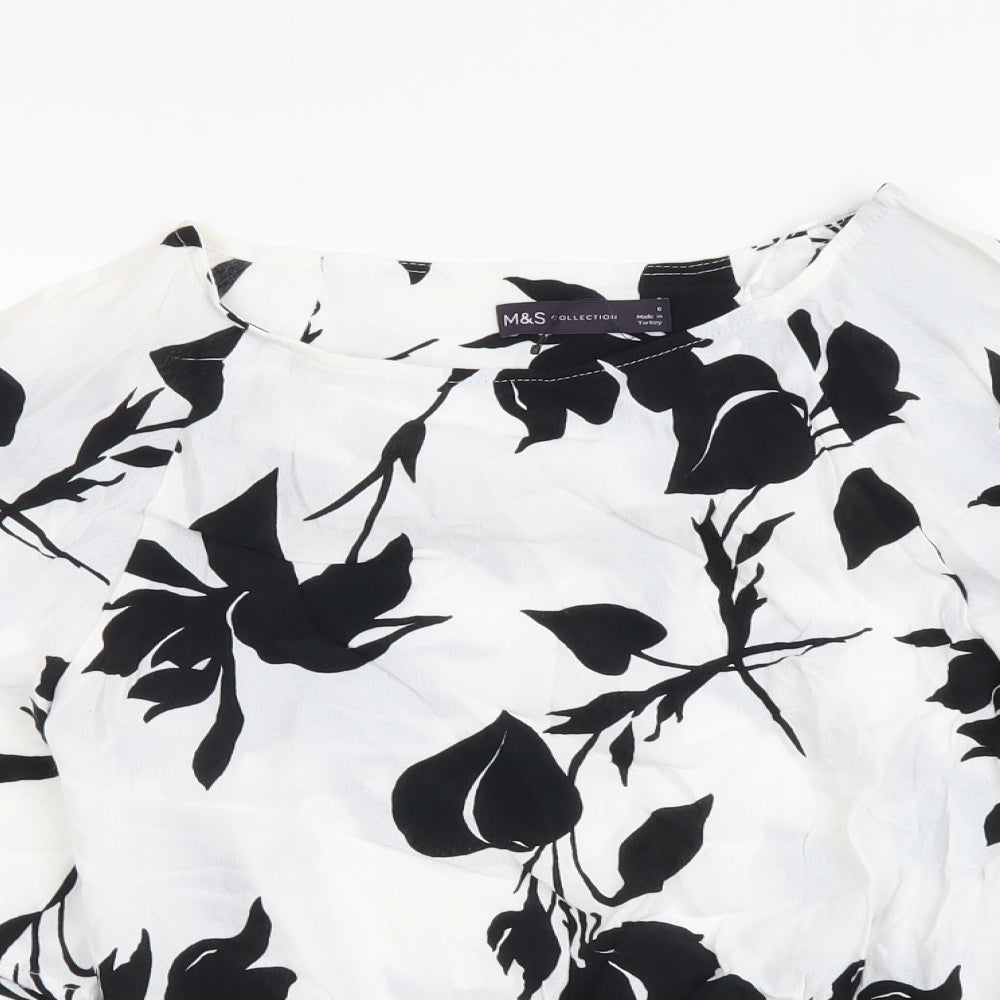 Marks and Spencer Womens White Floral Viscose Basic Blouse Size 6 Boat Neck