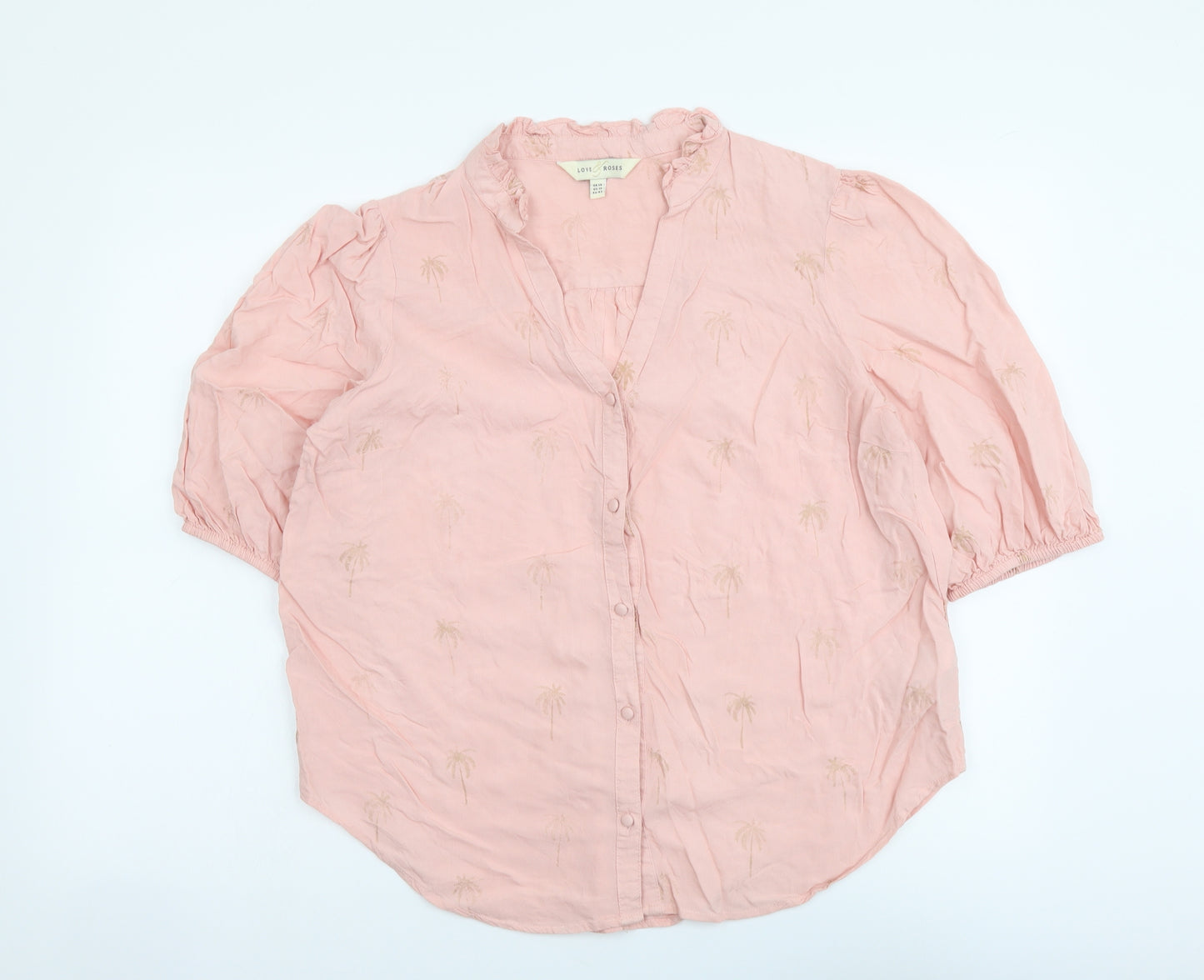 Love Roses Womens Pink Geometric Viscose Basic Button-Up Size 14 V-Neck