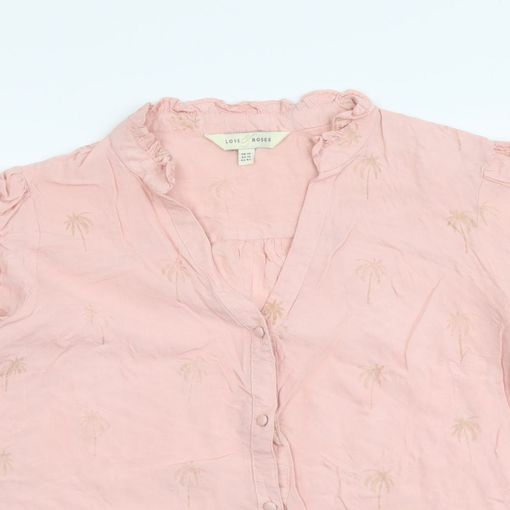Love Roses Womens Pink Geometric Viscose Basic Button-Up Size 14 V-Neck