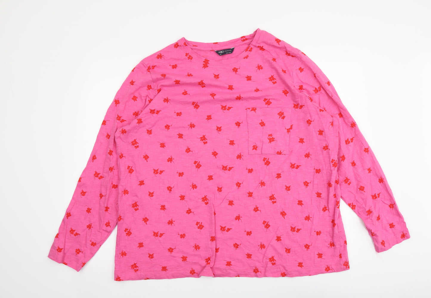 Marks and Spencer Womens Pink Floral Cotton Basic T-Shirt Size 22 Round Neck
