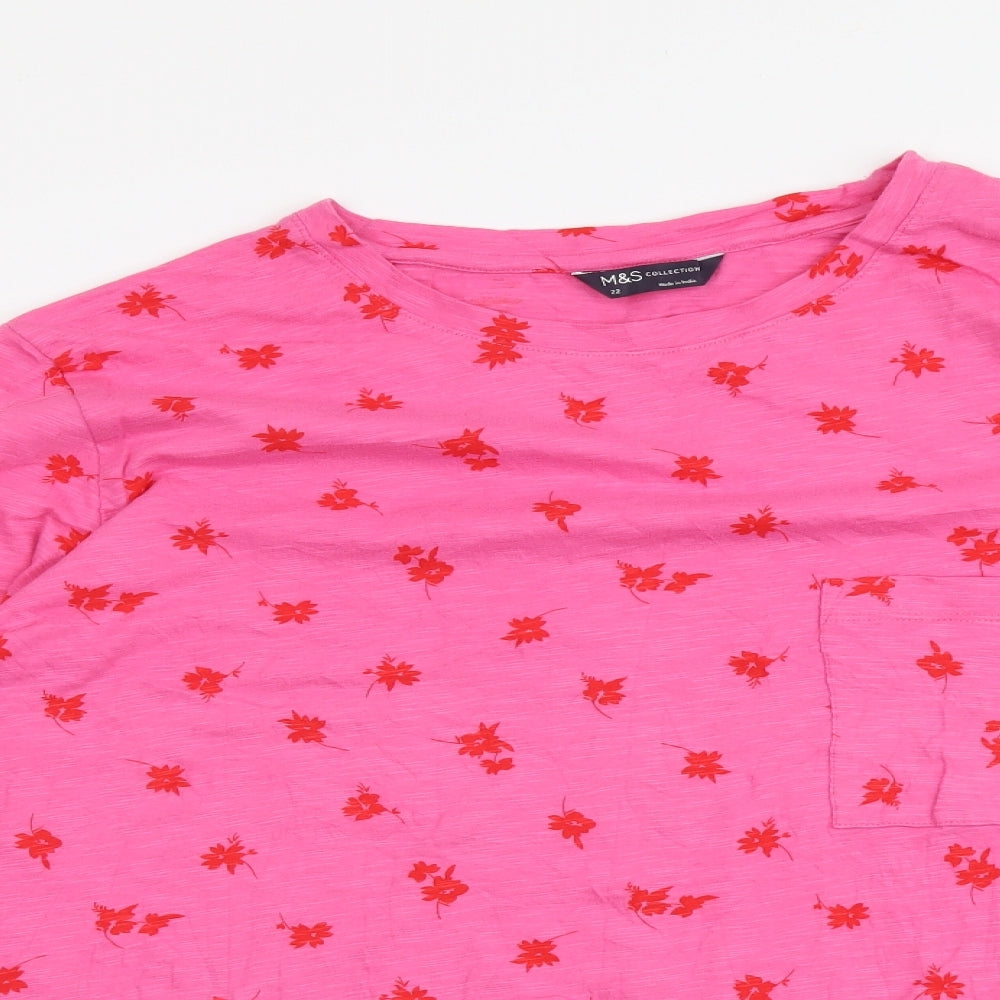 Marks and Spencer Womens Pink Floral Cotton Basic T-Shirt Size 22 Round Neck
