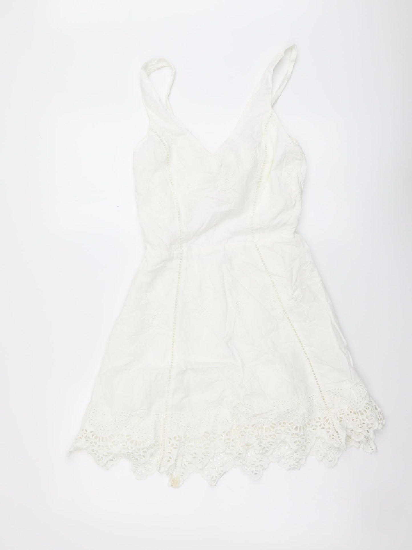 Miss Selfridge Womens White Floral Cotton Mini Size 8 V-Neck Pullover