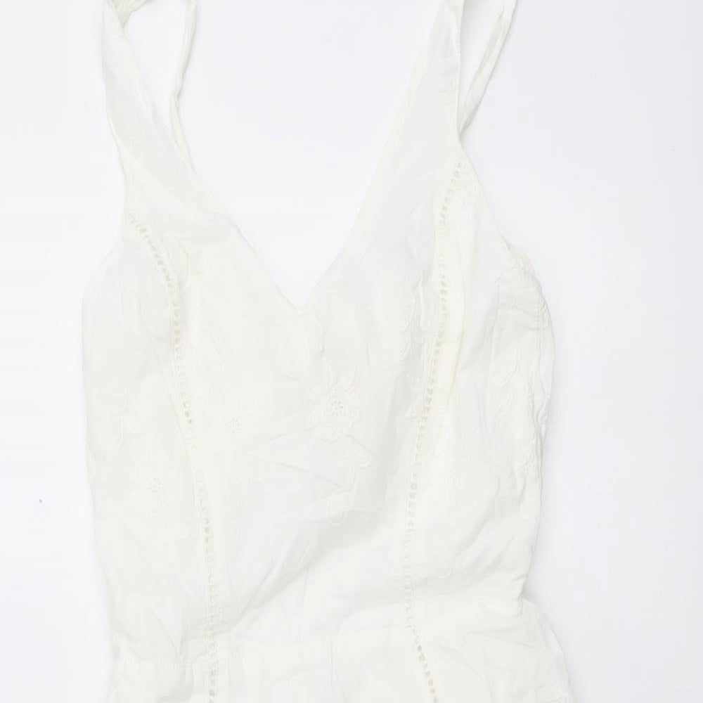 Miss Selfridge Womens White Floral Cotton Mini Size 8 V-Neck Pullover