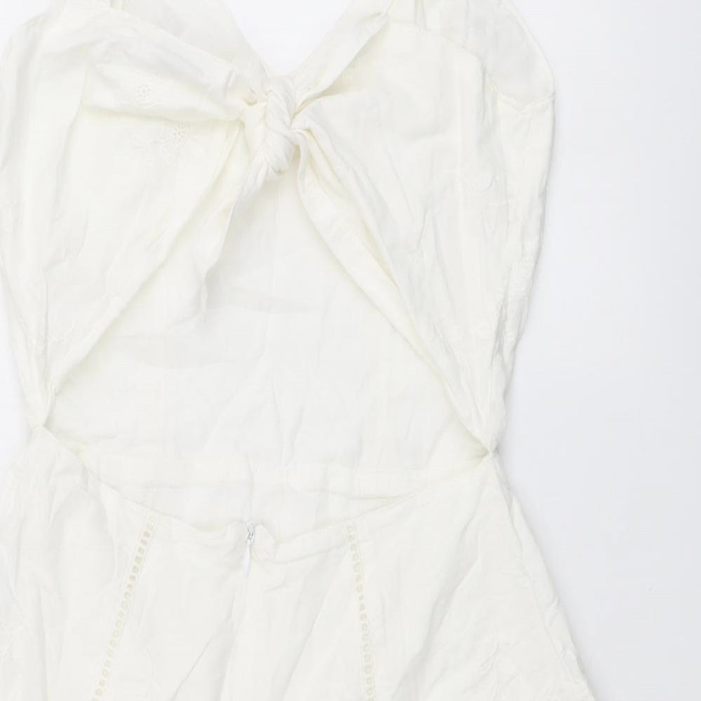 Miss Selfridge Womens White Floral Cotton Mini Size 8 V-Neck Pullover