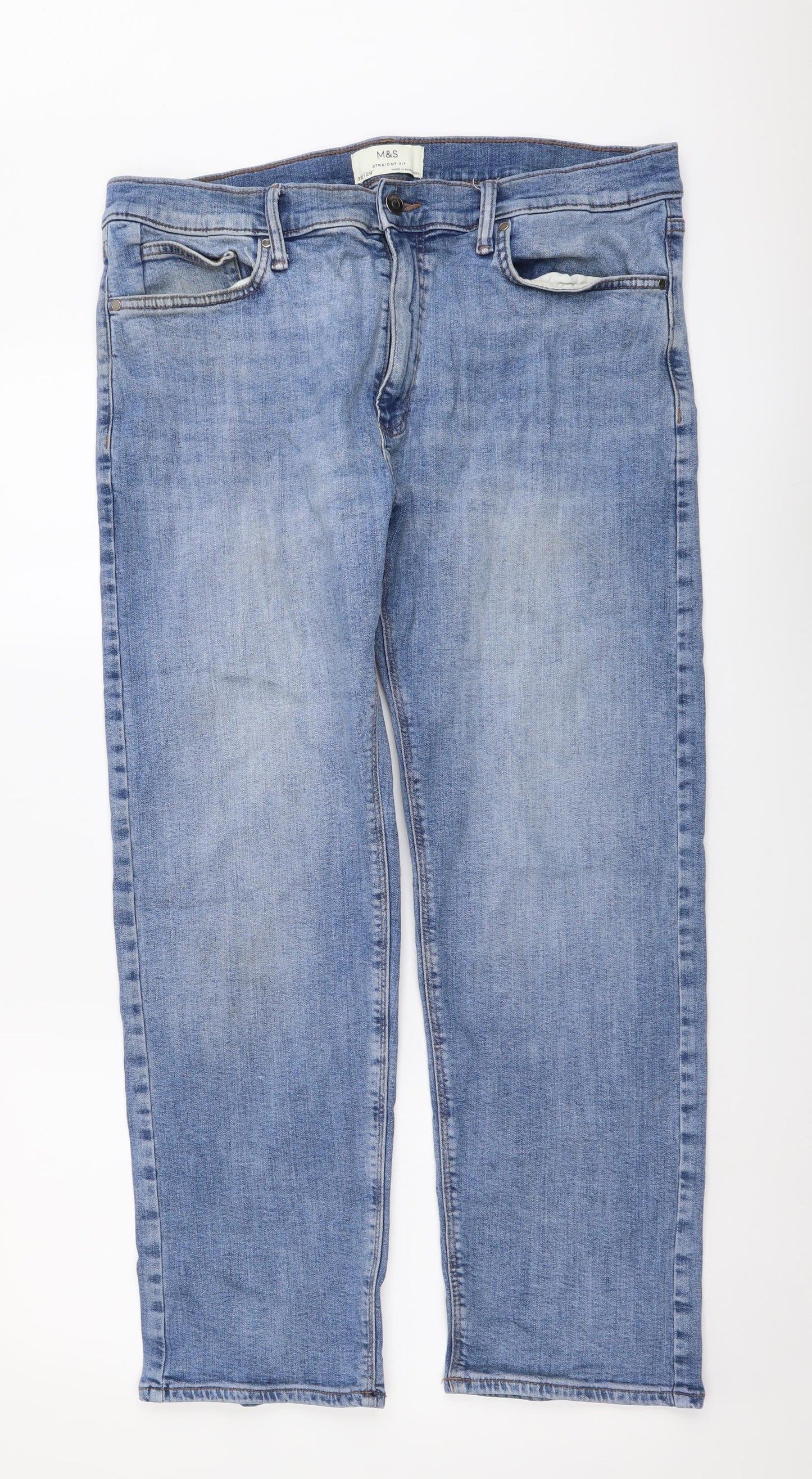 Marks and Spencer Mens Blue Cotton Straight Jeans Size 36 in L29 in Regular Button