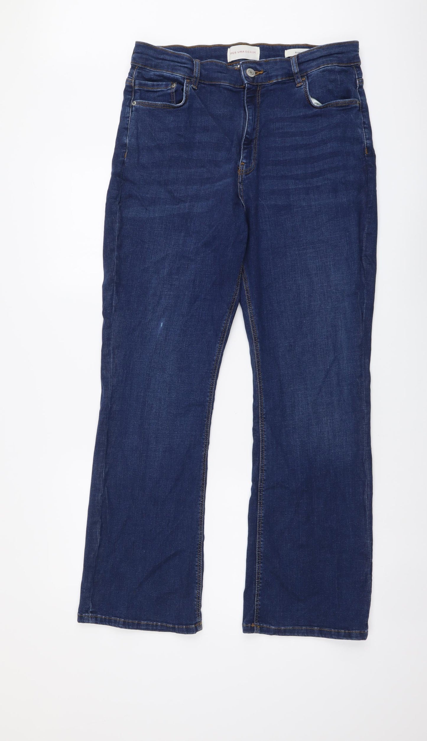 Per Una Womens Blue Cotton Bootcut Jeans Size 16 L29 in Slim Button