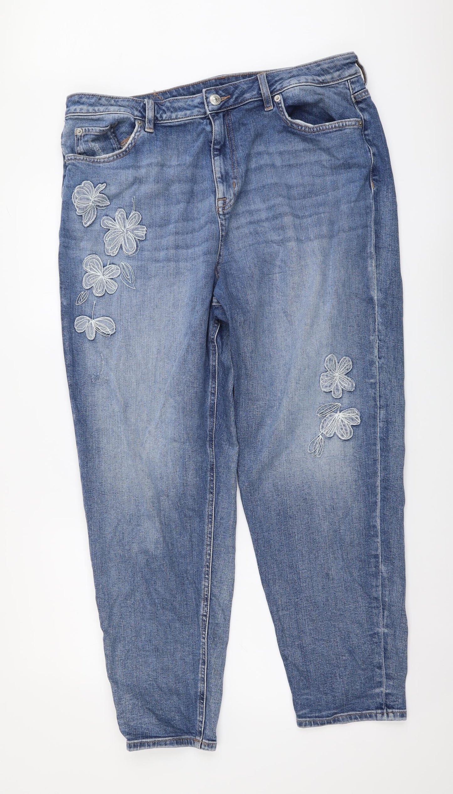 Marks and Spencer Womens Blue Cotton Mom Jeans Size 18 L28 in Regular Button