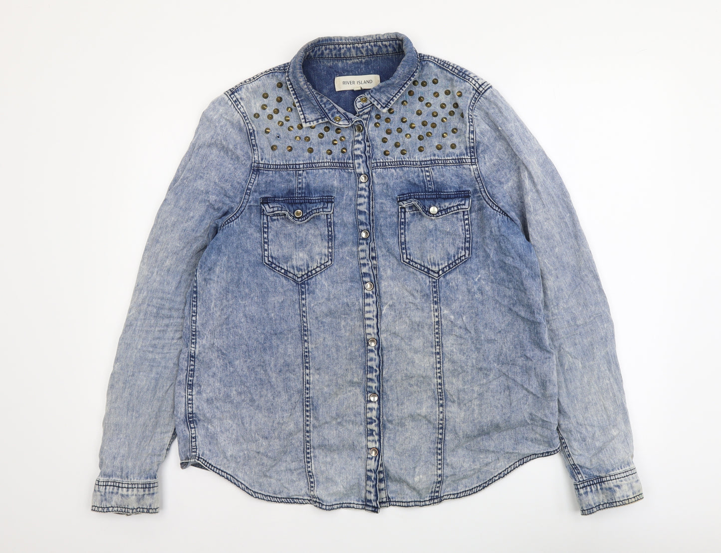 River Island Womens Blue Cotton Basic Button-Up Size 14 Collared