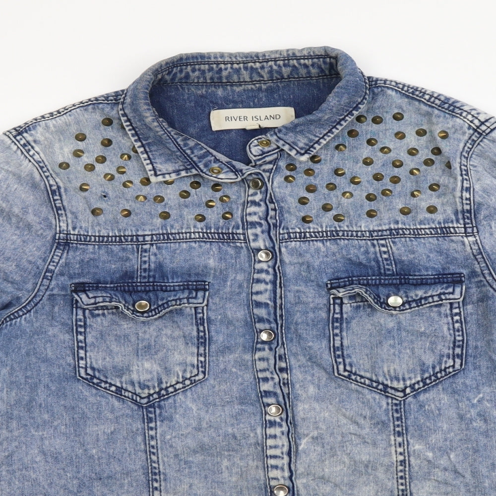 River Island Womens Blue Cotton Basic Button-Up Size 14 Collared