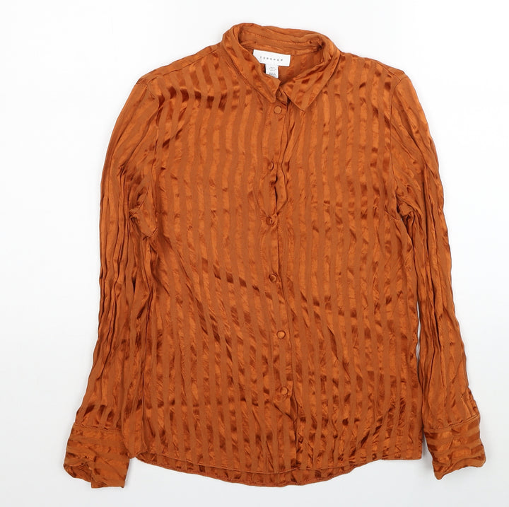 Topshop Womens Orange Striped Viscose Basic Button-Up Size 8 Collared