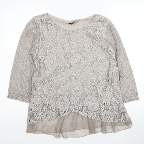 Alexara Womens Ivory Floral Viscose Basic Blouse Size S Boat Neck - Lace Overlay