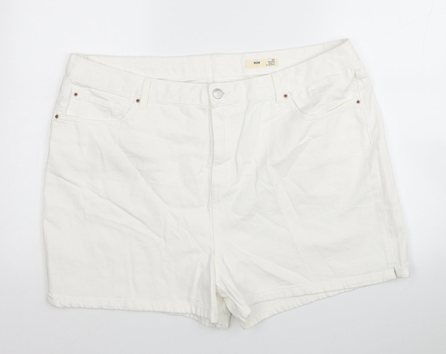 Marks and Spencer Womens White Cotton Mom Shorts Size 22 L3 in Regular Zip