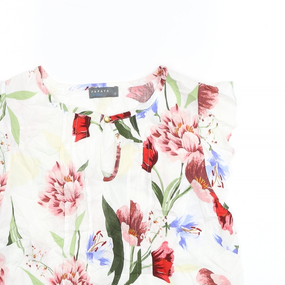 Papaya Womens White Floral Viscose Basic Blouse Size 12 Boat Neck