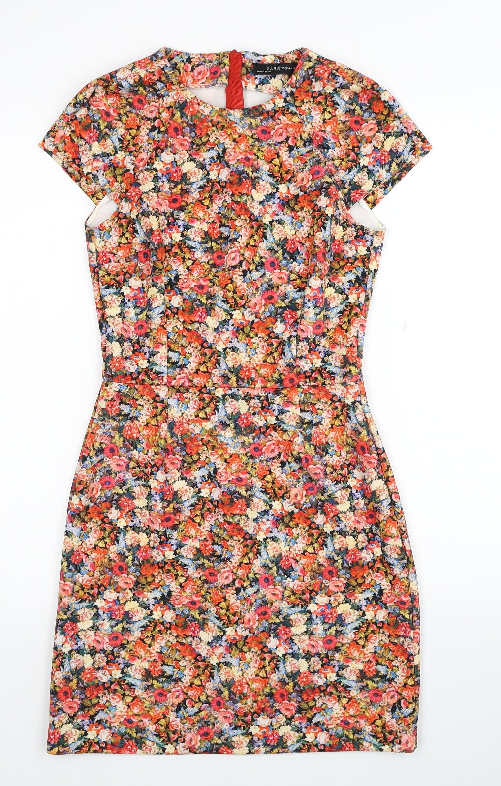Zara Womens Red Floral Polyester A-Line Size S Round Neck Zip