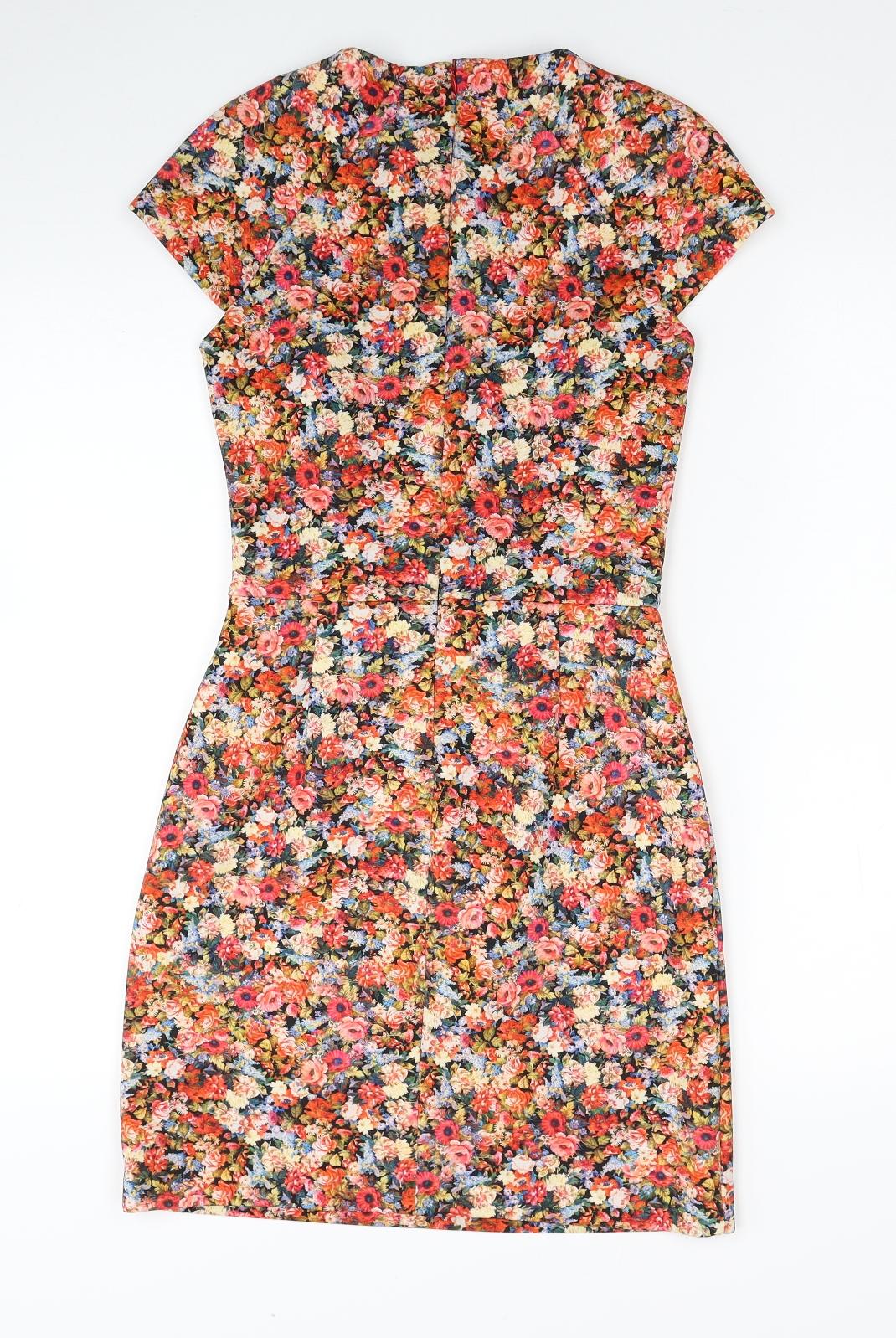 Zara Womens Red Floral Polyester A-Line Size S Round Neck Zip