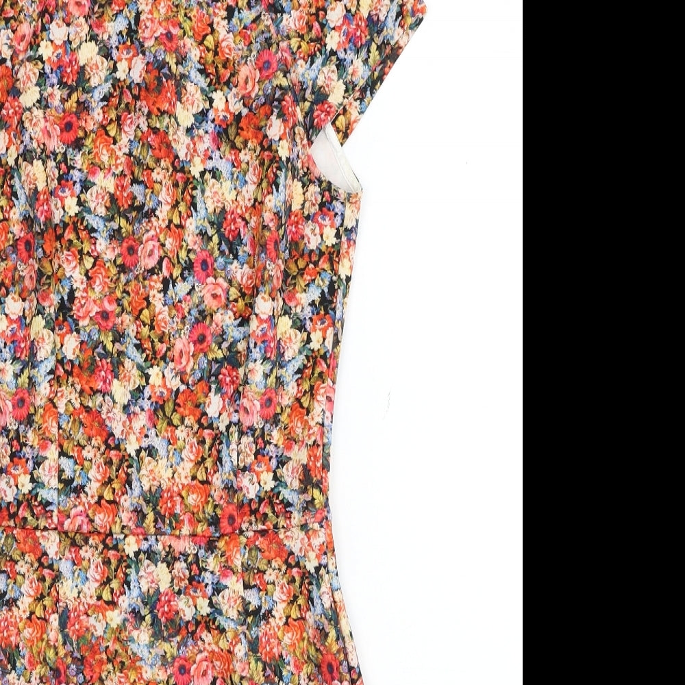 Zara Womens Red Floral Polyester A-Line Size S Round Neck Zip