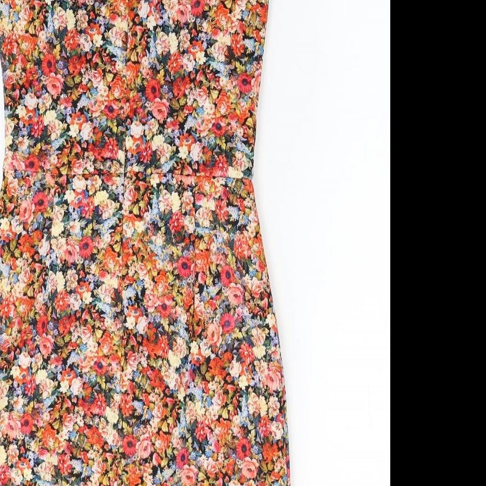 Zara Womens Red Floral Polyester A-Line Size S Round Neck Zip