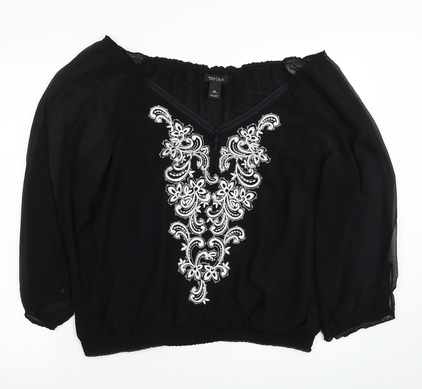 White House Black Market Womens Black Geometric Polyester Basic Blouse Size XL V-Neck